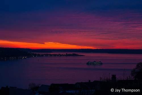 Red sky at night... The Bainbridge Island Ferry pulling in to Seattle 